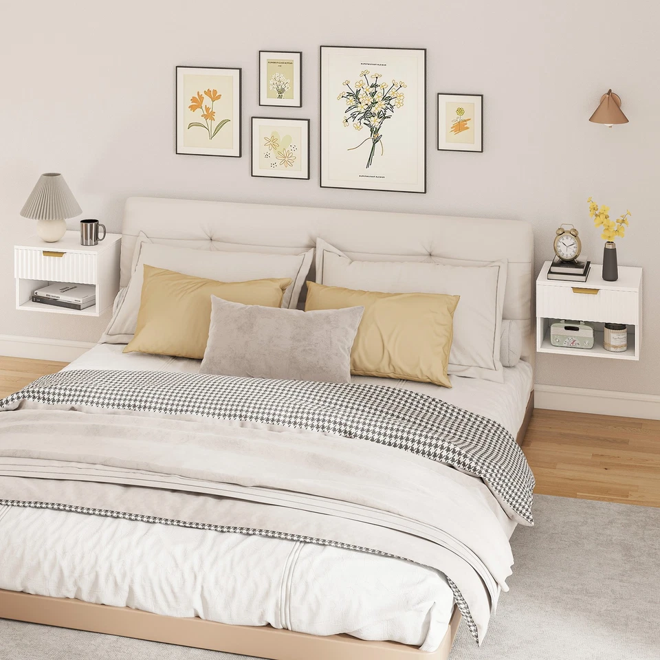 HOMCOM Set 2 Comodini Sospesi con Cassetto, Pannelli Scanalati e Ripiano Bianco - Immagine 2 di 4