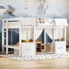 Full Loft Bed with Built-in Bookshelf,Curtain, and Storage Shelf Amusement Park