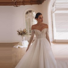 Luxury Women's Wedding Dress ALine Sexy Glisten Off Shoulder Sequined LongSleeve