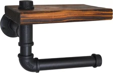 Toilet Paper Holder with Shelf Rustic Wooden and Black Iron Pipe Hardware Towel