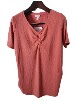 NWT Isabel Maternity Large Short Sleeve Woven Popover Coral Shirt Side Shirred