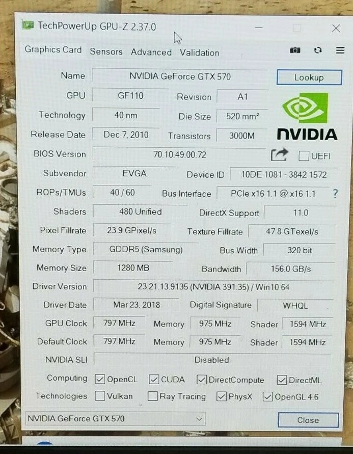 EVGA NVIDIA GEFORCE GTX 570TI GAMING PCI-E VIDEO CARD 1.2GB DDR5 Dual DVI #u41 - Image 2 of 4