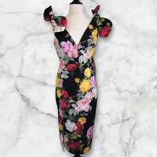 Womens Dark Floral  Hawaiian Print Wiggle Dress Size Large Bows Stretchy V-Neck
