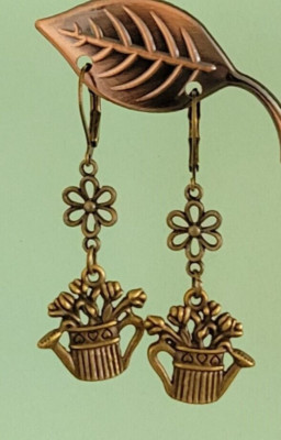 Bronze Watering Can Daisy Flower Charm Earrings, Brass Lever Back, Spring Garden
