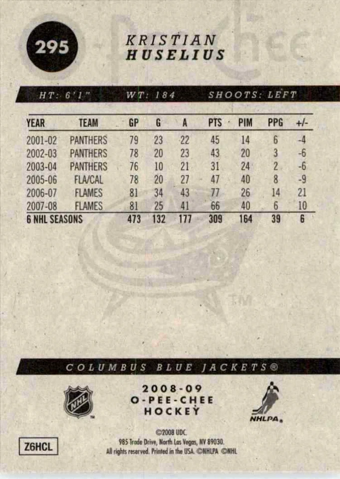 2008-09 O-Pee-Chee Kristian Huselius #295 - Image 2 of 2