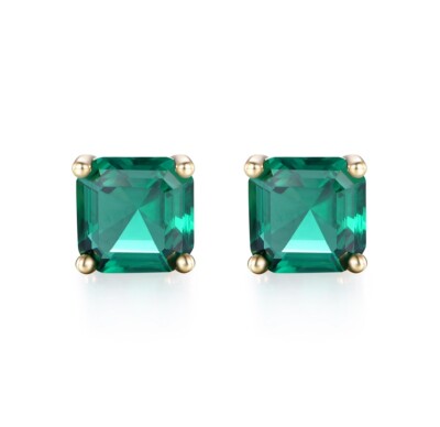 Damen Ohrstecker 9 Karat Gold auf Sterling 925 Silber Princess Cut Smaragd