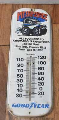 Vintage Goodyear TIRES Pit Stop Service Black Earth WI Advertising Thermometer