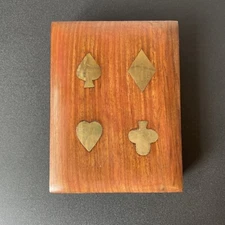 Wooden Playing Card Storage Box with Brass Inlay of Card Suits Double Deck