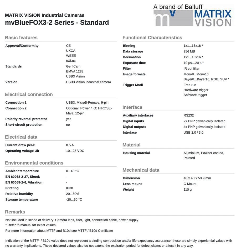 Matrix Vision C-mount USB3 5.1MP Color Camera - mvBlueFOX3-2051C-1112 - Image 4 of 4