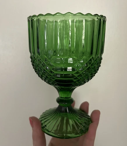 Vtg Green Glass Diamond Cut Goblet Vase MCM Barware