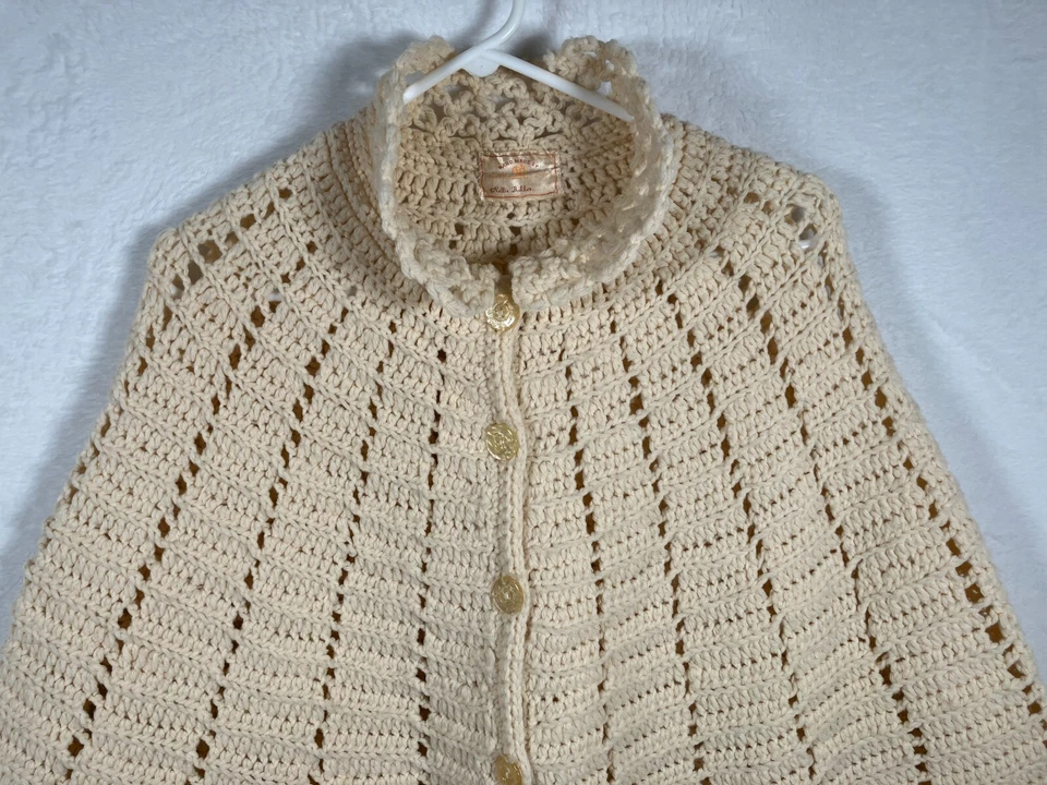 Vintage Handmade Crochet Cape Poncho Size Large Ivory Button Front Shawl Sweater - Image 2 of 4