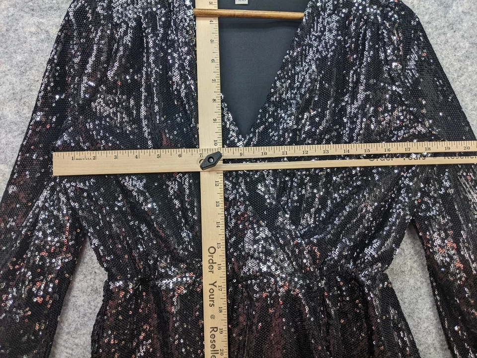 Honey Belle Dress Womens Medium Black Sequin Long Sleeve Surplice Neck Faux Wrap - Image 4 of 4