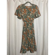 Cottagecore Boho Floral Sage Green Orange Rose Print Midi Dress Pleated Belted S