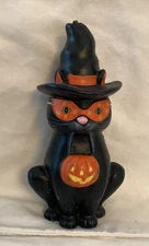Vintage Black Cat Masked with Trick or Treat Pumpkin Candle Halloween