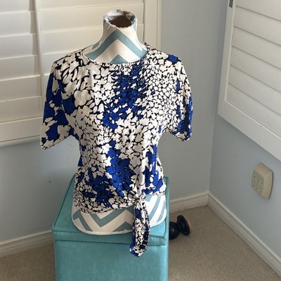 Raul Blanco Vintage Silk Fitted Top Blouse Navy Ivory Beige Floral Fits Size 6