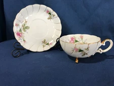 Tri Footed Teacup & Saucer Pink Rose & Gold Trim Vtg Ucagco Japan