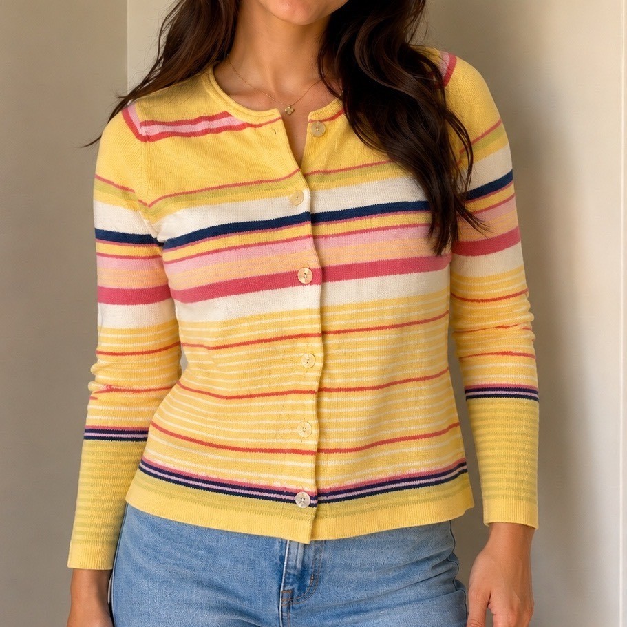 Crazy Horse Liz Claiborne Yellow Striped Cotton Button Front Cardigan Large u3
