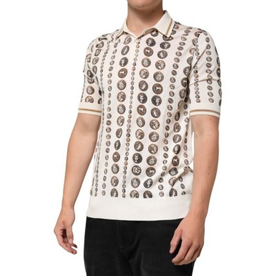 DOLCE & GABBANA T-shirt Silk Ivory Coin Print Logo Men Polo IT46