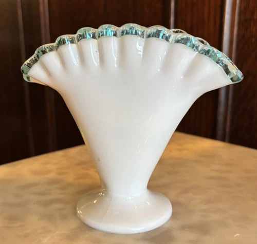 Vintage Fenton Aqua Blue Crest Milk Glass Crimped Fan Vase ruffled 4.5"