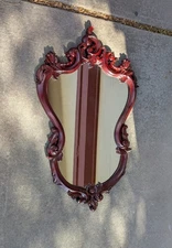 Vintage Asian Chinoiserie Ornate Carved Wood Floral Wall Mirror Rococo Baroque