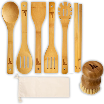 Bamboo Kitchen Utensil Set, 7-Pieces Natural Cooking Utensils for Nonstick Cookw