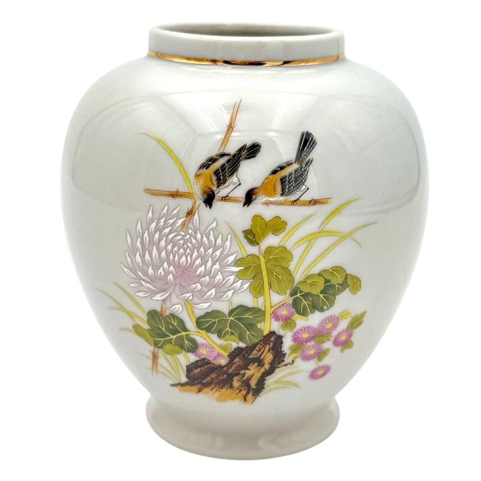 "Florero Ardco Japón Calidad Fina C-3997 - Pájaros y Crisantemos - Borde Dorado - 4,5""" Foto 3 de 4