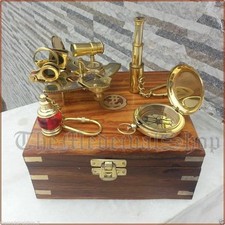 NAUTISCHES MESSING GESCHENKSET VINTAGE MARITIM KOMPASS/TELESKOP/SEXTANT MIT...