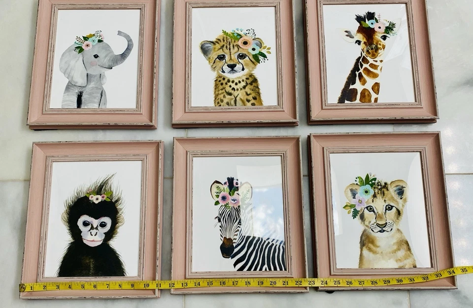 Juego de 6 estampados de animales enmarcados para decoración de pared infantil safari con flores rosas bebé niña Foto 4 de 4