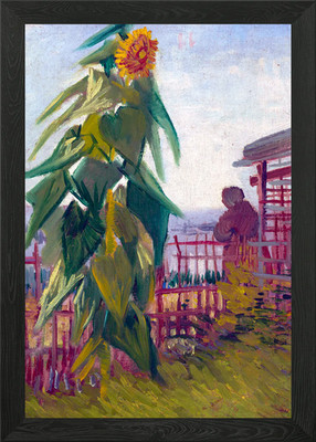 Kleingarten mit Sonnenblume gerahmtes Wandbild Poster Leinwanddruck Bild