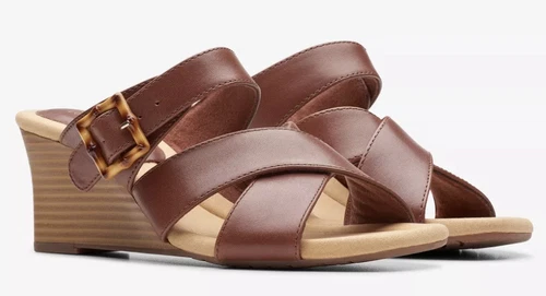 Sandali Clarks donna Kyarra Judi slip on comodi casual pelle marrone nuovi zeppa