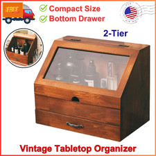Vintage Tabletop Organizer With Glass Top Compartment -2-Tier Display Cabinet