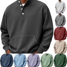 Mens Solid-Color Turtleneck Casual Long-Sleeve Polo Sweatshirt With Pockets For