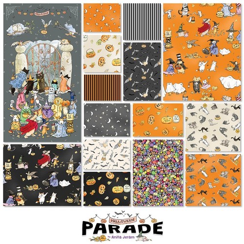 Halloween Parade Pumpkins Y4111-57 Cream Fabric Jeram BTHY CATS KIDS DOGS BATS - Picture 2 of 3