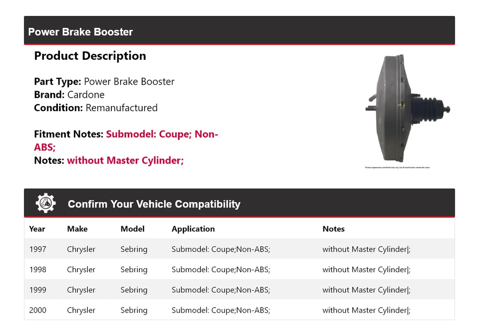For 1997-2000 Chrysler Sebring Coupe Power Brake Booster Cardone 1998 1999 - Image 2 of 4