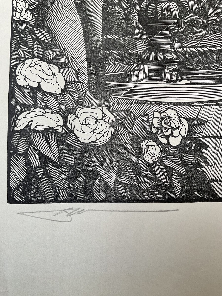 BARRY MOSER WOOD ENGRAVING PENCILED SIGNED : TITLED THE GARDEN