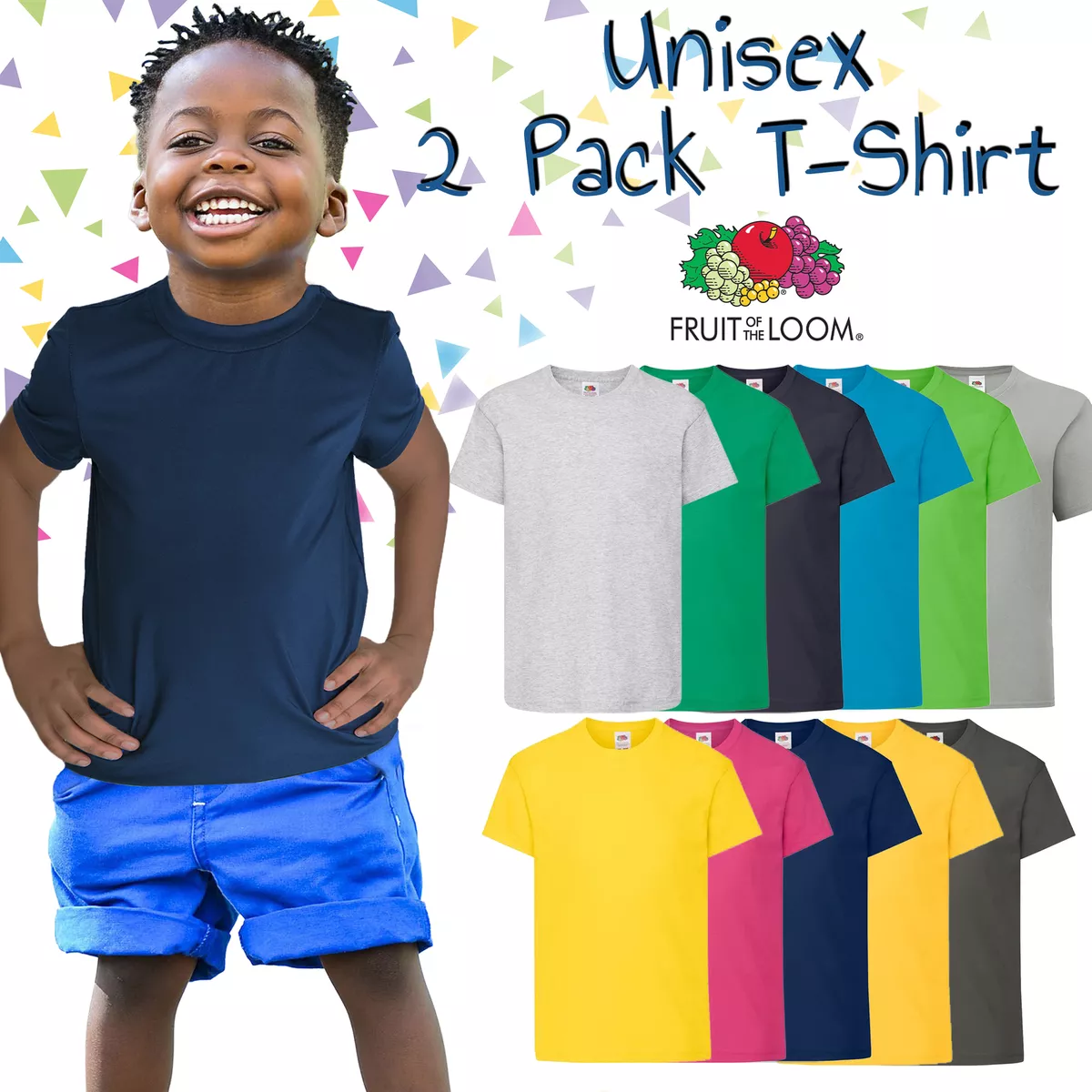 2 Pack Fruit Of The Loom Kids Boys T Shirts Cotton Size 3 4 5 6 7 8 9 11 12 13