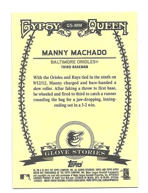 2013 Topps Gypsy Queen MANNY MACHADO, RC #85 and Glove Stories #GS-MM - Image 4 of 4