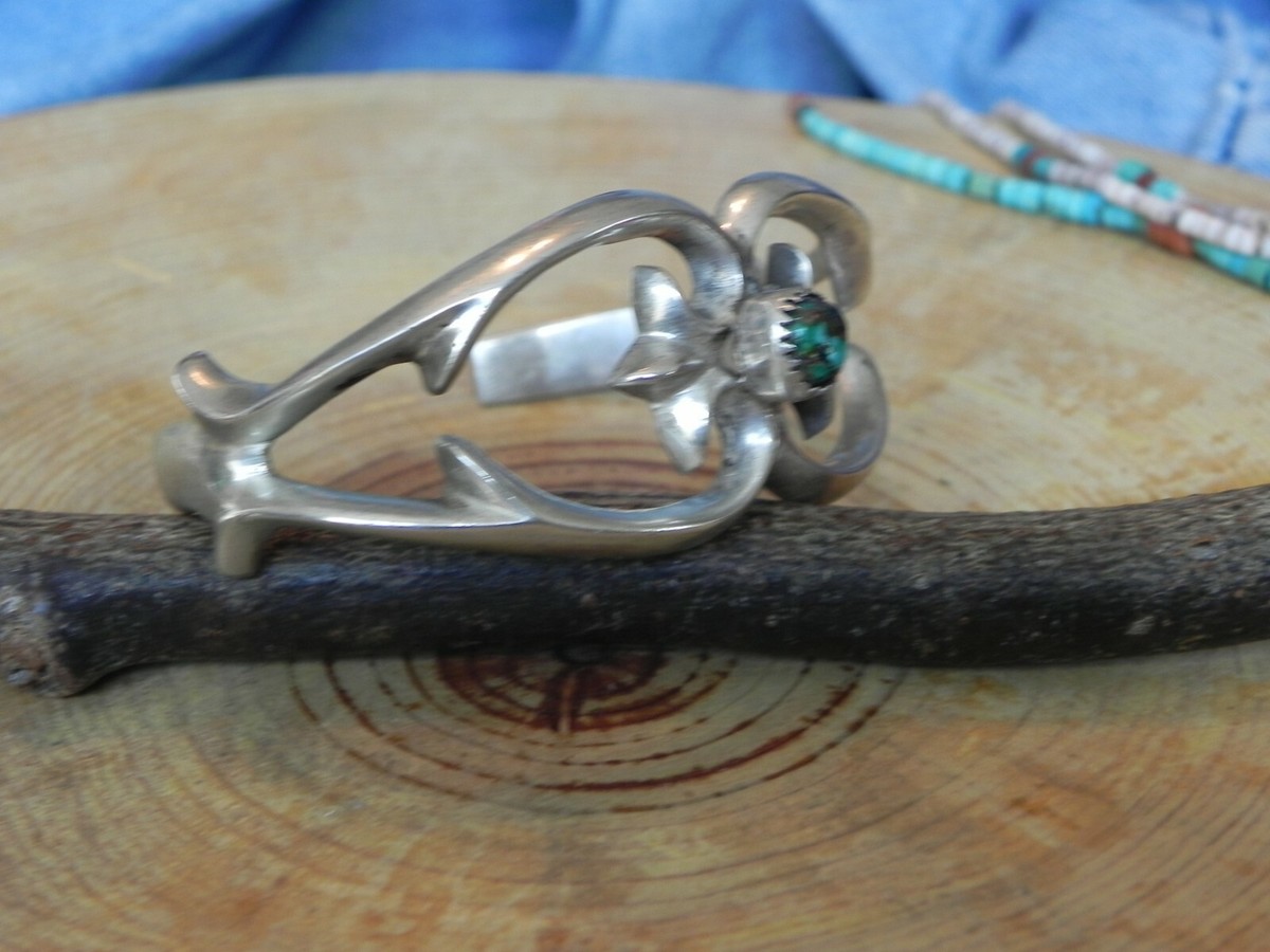 Turquoise & Sandcast Sterling Silver Cuff Bracelet signed Nellie