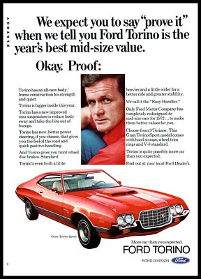 1972 Ford Torino 2 Door Coupe Hood Scoop Vintage Print Ad Classic Car Wall Art