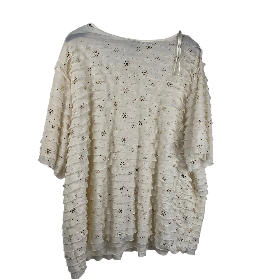 Maggie Barnes Catherines 上衣短袖套衫层褶边亮片象牙色 3X — 第 2/4 张图片