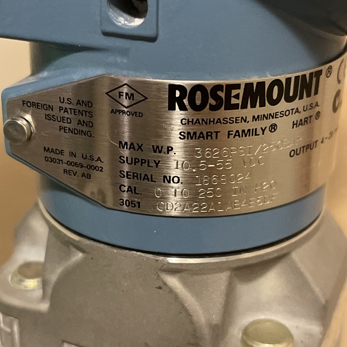 Rosemount 3626 PSI/250 BAR 10.5-55 VDC, Pressure Transmitter Rosemount 3626 PSI/250 BAR 10.5-55 VDC, Pressure Transmitter