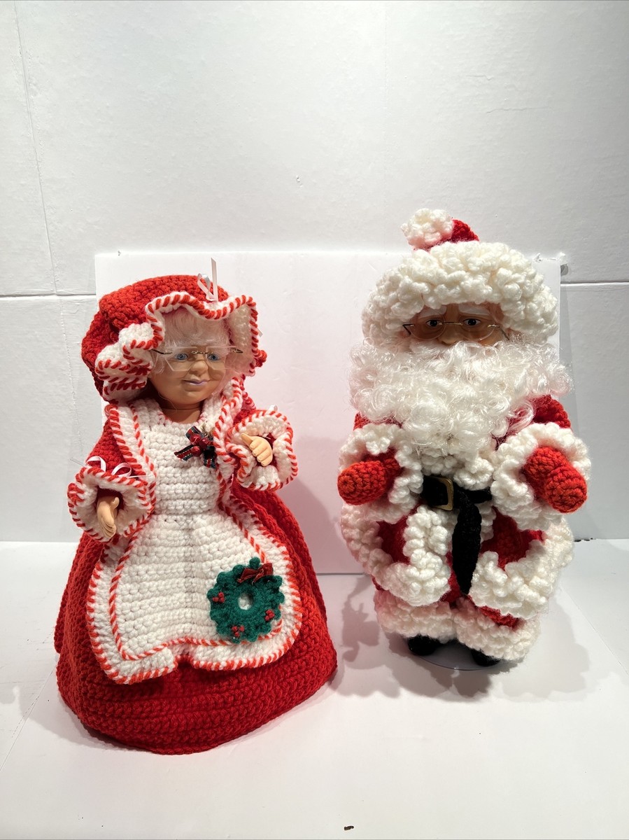 Vtg. 1970s - 80s Hand Made Crochet Mr. & Mrs. Santa Claus Doll Set