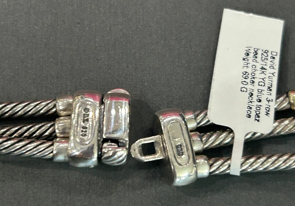 COLLAR DAVID YURMAN PLATA ESTERLINA ORO 14K 3 HILOS CABLE TOPACIO AZUL CUENTAS Foto 2 de 4
