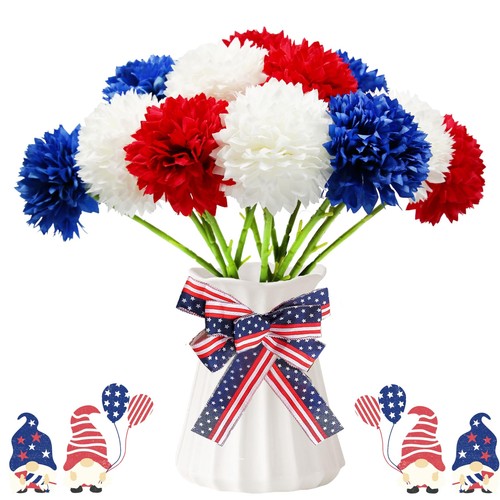 Patriotic Memorial Bouquet 12 pcs Red White Blue Artificial Chrysanthemum