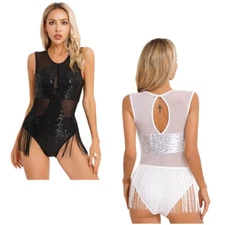Women Jumpsuit Mesh Bodysuit Thigh Leotard Tango Nightwear Samba Clubwear Trim