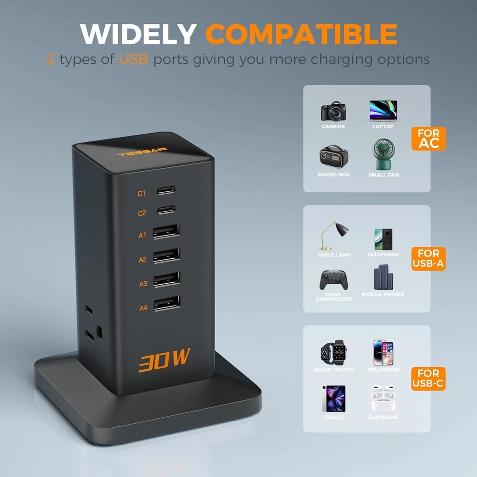 USB Charging Station for Multiple Devices 30W 6 USB Charger Tower Type C Charge - Image 4 of 4