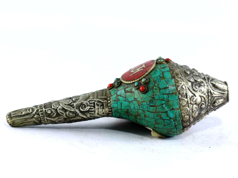 Tibetano Soplando Shankh Caracola Trompeta Cuerno Estatua Turquesa Azulejo Decoración del Hogar Foto 2 de 3