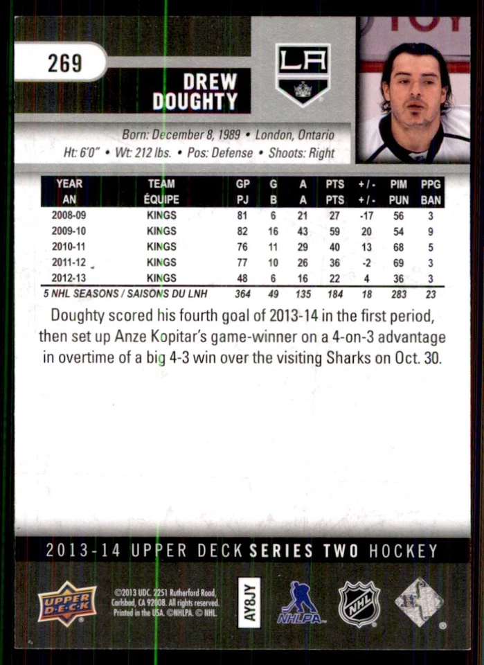 2013-14 Upper Deck Drew Doughty Los Angeles Kings #269 - Image 2 of 2