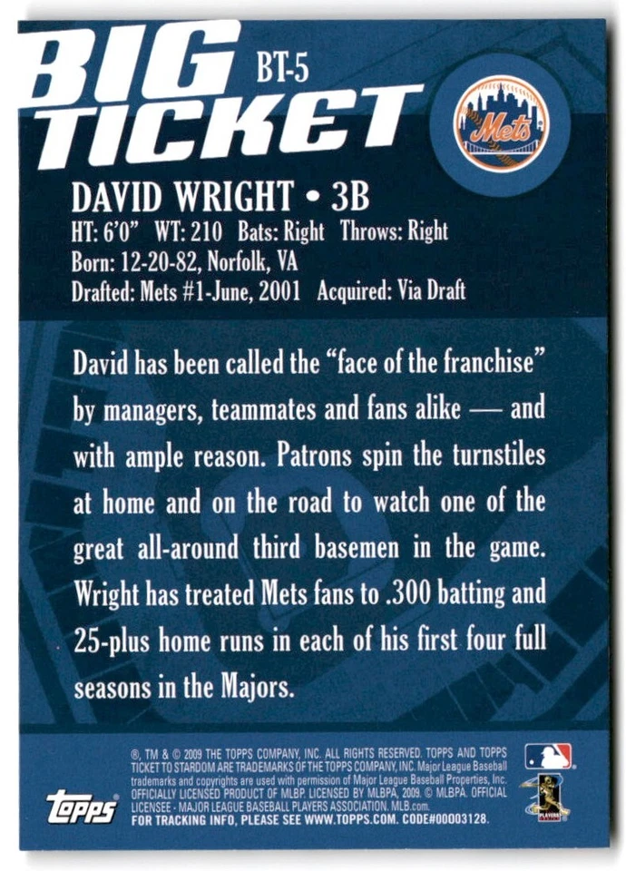2009 Topps Ticket To Stardom - Big Ticket #BT-5 David Wright - Image 2 of 2