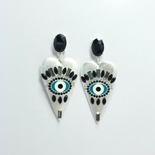 E0210 Silver Tone Long Heart Evil Eye Rhinestones Drop Dangle Post Earrings